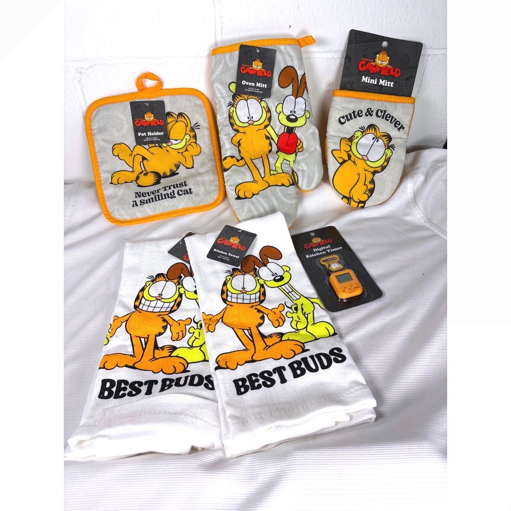 Garfield Odie Kitchen Set 6pc Towels Oven Mitt Pot Holder Mini Mitt Timer